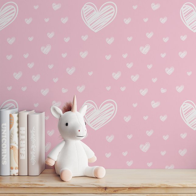 シックガーリー：ピンクドードルハートの皮とスティック 壁紙 (Girly Chic: Pink Doodle Heart Peel and Stick Wallpaper)