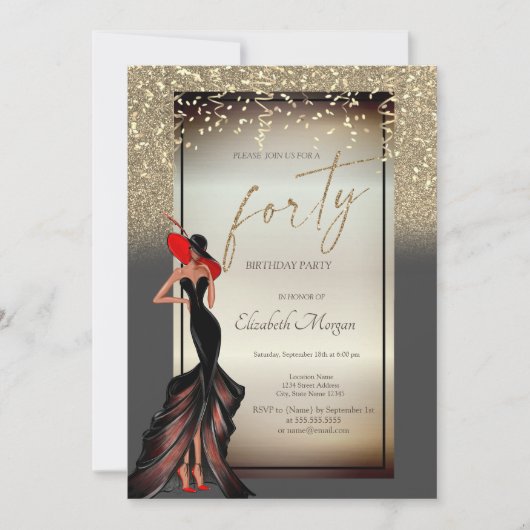 シックガールグリッター紙吹雪40th誕生日パーティー 招待状 (正面)
