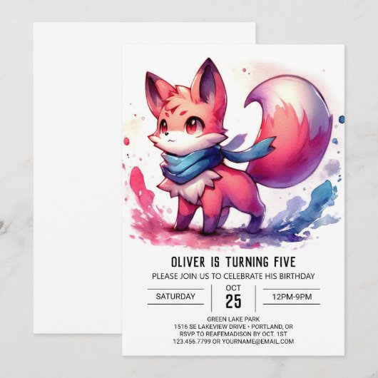 シックキツネ誕生日 招待状 (正面/裏面)