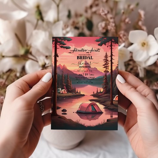 シックキャンピングウォーターカラーパインフォレストブライダルシャワー 招待状