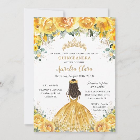 シックキンセアニライエローフローラプリンセス誕生日 招待状 (正面)