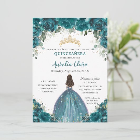 シックキンセアニラティール(緑がかった色)シアンフローラプリンセスクラウン 招待状 (スタンド正面)