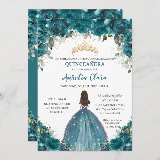 シックキンセアニラティール（緑がかった色）シアンフローラプリンセスクラウン 招待状 (正面/裏面)