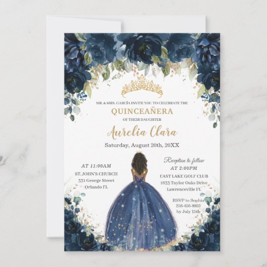 シックキンセアニラネイビーブルーフローラブラウンプリンセス 招待状 (正面)