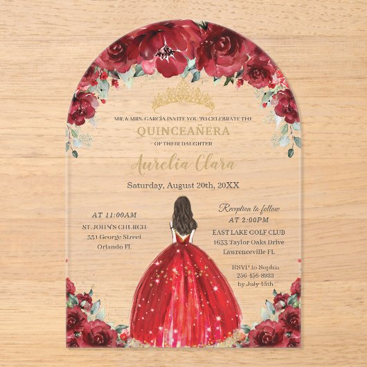 シックキンセアニラレッドフローラバラプリンセスアーチ アクリル招待状 (正面)