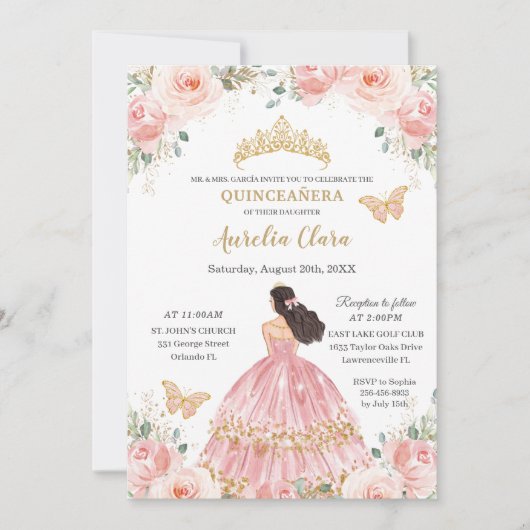 シックキンセアニラ赤面ピンクフローラ金ゴールドプリンセス 招待状 (正面)