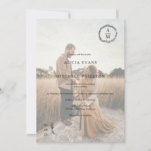 シッククラシックフローラモノグラム結婚ブラックの写真 招待状 (正面)