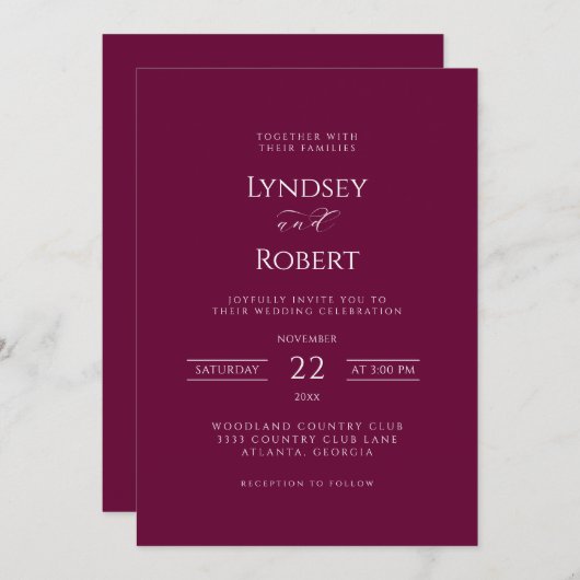 シッククラシック結婚式招待状ブルガンディーアンドホワイト 招待状 (正面/裏面)