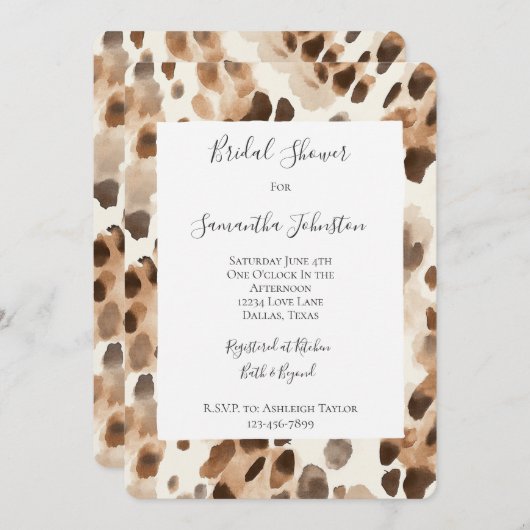 シッククリームブラウンヒョウ動物ブライダルシャワー 招待状 (正面/裏面)