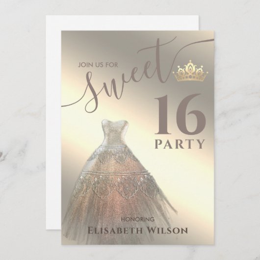 シッククールシャイニー金ゴールドドレスtiara甘い16 招待状 (正面/裏面)