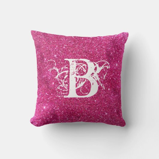 シッククールピンクグリッターホワイトイニシャルモノグラム クッション (正面)