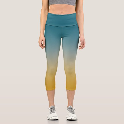 シックグラデーションでティール（緑がかった色）グレーとマスタード カプリレギンス (正面)
