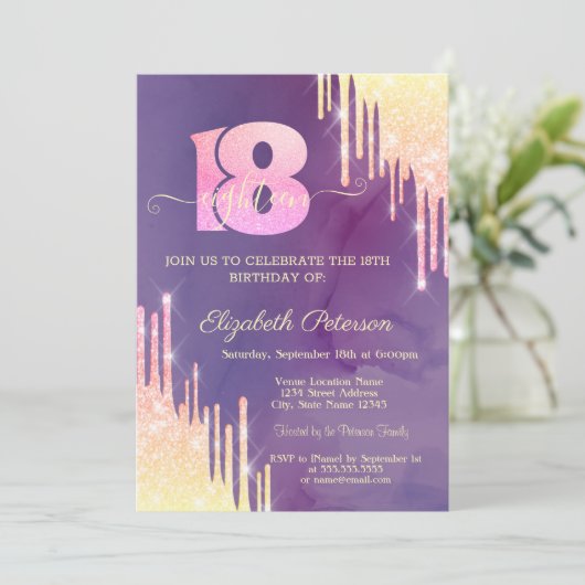 シックグラデーショングリッタードリップスヴァイオレット18誕生日 招待状 (スタンド正面)