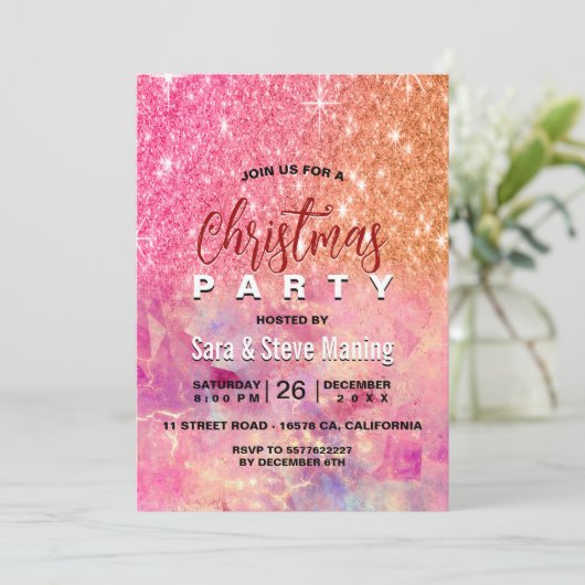 シックグラデーションバラ赤面ピンクグリッタークリスマス 招待状 (スタンド正面)