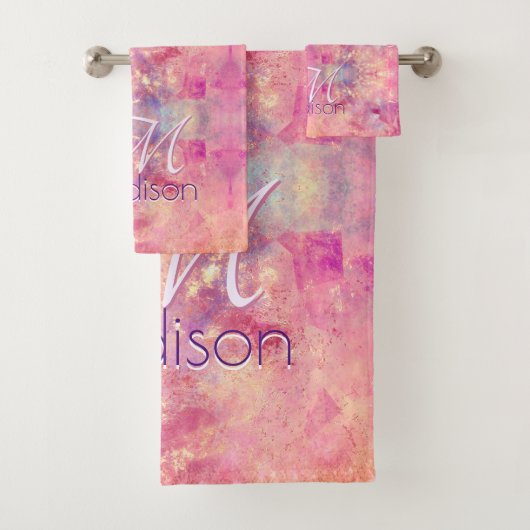シックグラデーションバラ赤面ピンクグリッターモノグラム バスタオルセット (インサイチュ)