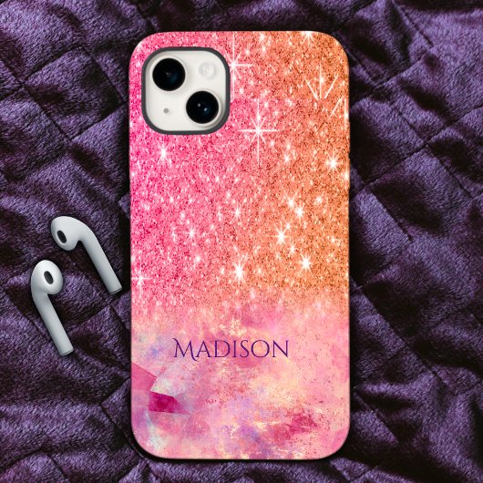 シックグラデーションバラ赤面ピンクグリッターモノグラム Case-Mate iPhoneケース