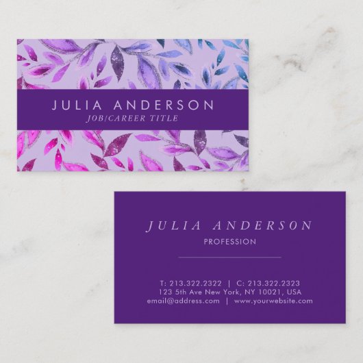 シックグラデーションパープルバイオレット葉植物型模様 名刺 (正面/裏面)