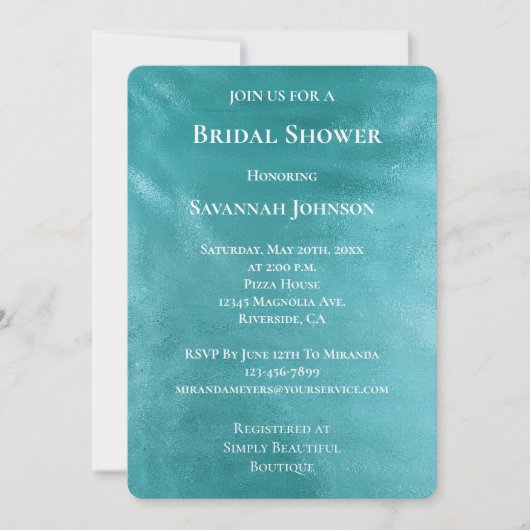 シックグラムターコイズアクアブルーブライダルシャワー 招待状 (正面)