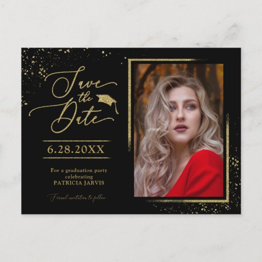 シックグラードパーティー保存日付フェスティバル金ゴールドグリッター ポストカード (正面)
