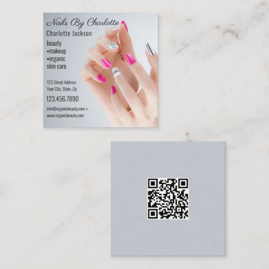 シックグリッターグラムネイルアートマニキュアサロンQRコード スクエア名刺 (正面/裏面)