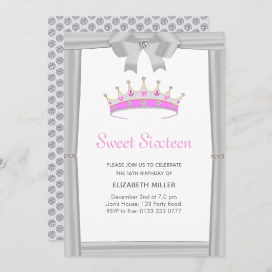 シックグリッターダイヤモンドクラウンSweet sixteen 招待状 (正面/裏面)