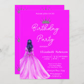 シックグリッターティアラガールドレスネオンピンク誕生日 招待状 (正面/裏面)