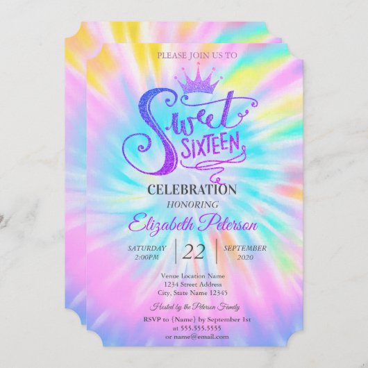 シックグリッターティアラティディースイーツ16パーティー 招待状 (正面/裏面)