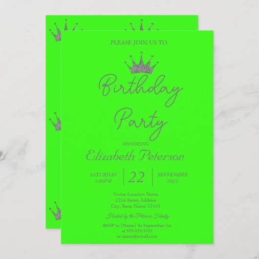 シックグリッターティアラネオングリーン誕生日 招待状 (正面/裏面)