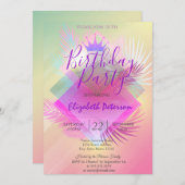 シックグリッターティアラパーム葉ズバースデーパーティー 招待状 (正面/裏面)