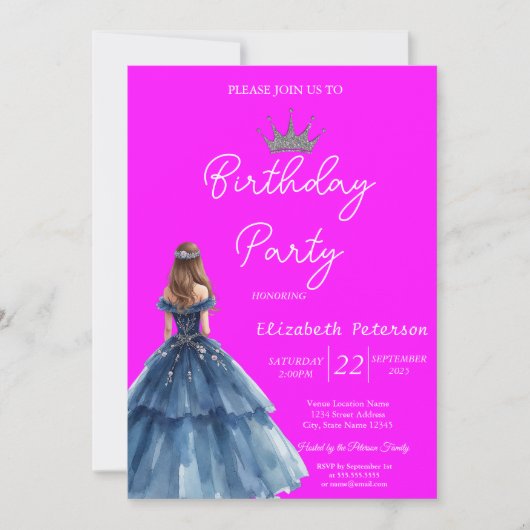 シックグリッターティアラブルードレスネオンピンク誕生日 招待状 (正面)