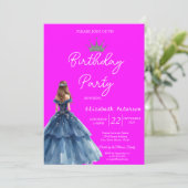 シックグリッターティアラブルードレスネオンピンク誕生日 招待状 (スタンド正面)
