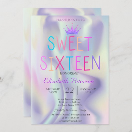 シックグリッターティアラホログラフィッカラフルクスウィート16 招待状 (正面/裏面)