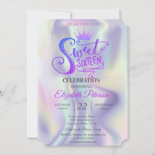 シックグリッターティアラホログラフィックスウィート16パーティー 招待状 (正面)