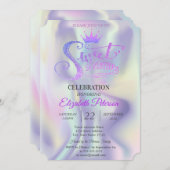 シックグリッターティアラホログラフィックスウィート17誕生日 招待状 (正面/裏面)