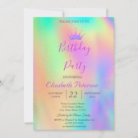 シックグリッターティアラレインボーホログラフィック誕生日 招待状 (正面)