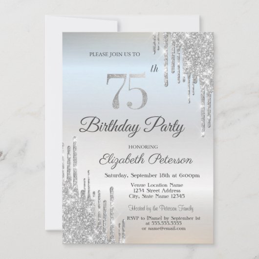 シックグリッタードリップスシルバー75th誕生日 招待状 (正面)