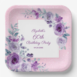 シックグリッターピンクパープルバラフローラ誕生日 ペーパープレート