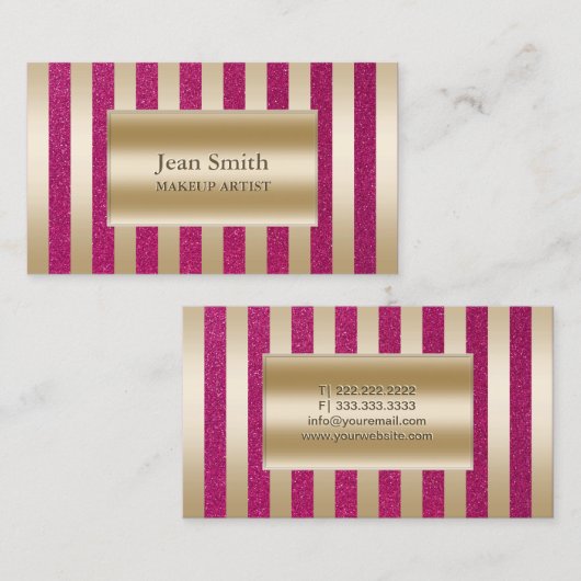 シックグリッターピンク&金ゴールドストライプメイクアップアーティスト 名刺 (正面/裏面)