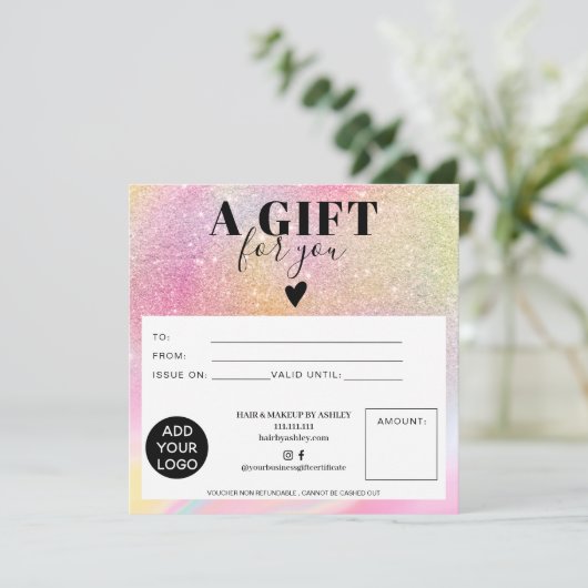 シックグリッターレインボースクエアギフト証明書のロゴ (スタンド正面)