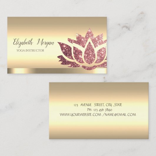 シックグリッターロータスフラワー金ゴールドヨガインストラクター 名刺 (正面/裏面)
