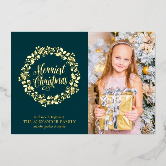シックグリーンウィズホリデイリース写真 箔シーズンカード (正面)