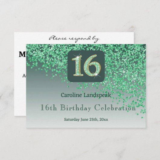 シックグリーングリッター、16の誕生日RSVP 出欠カード (正面/裏面)