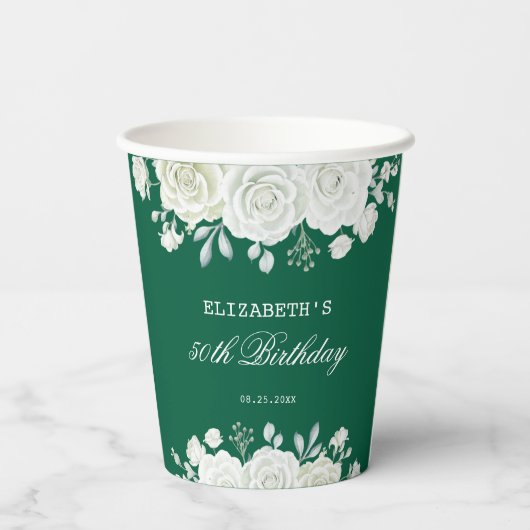 シックグリーンパステルホワイトローズグリーナリー誕生日 紙コップ (裏面)