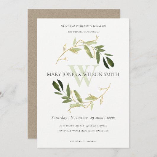 シックグリーンフェイク金ゴールド観葉リース結婚式招待 サンキューカード (正面/裏面)