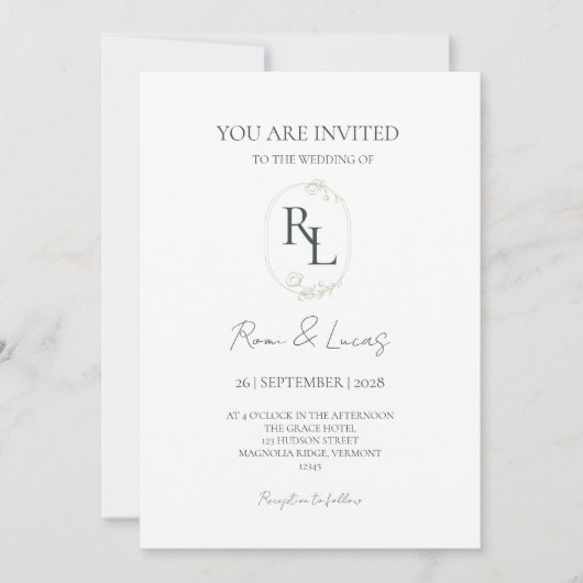 シックグリーンフローラモノグラム結婚ズ 招待状 (正面)