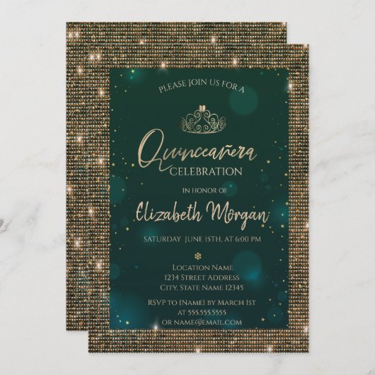 シックグリーン金ゴールドティアラ、シークインズグリーンキンセアニラ 招待状 (正面/裏面)