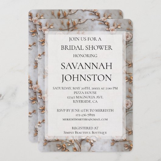 シックグレー赤面ピンクローゼスブライダルシャワー 招待状 (正面/裏面)