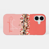 シックコーラルグラデーションカスタムモノグラムリービーブランチ iPhone 16ケース (裏面横)