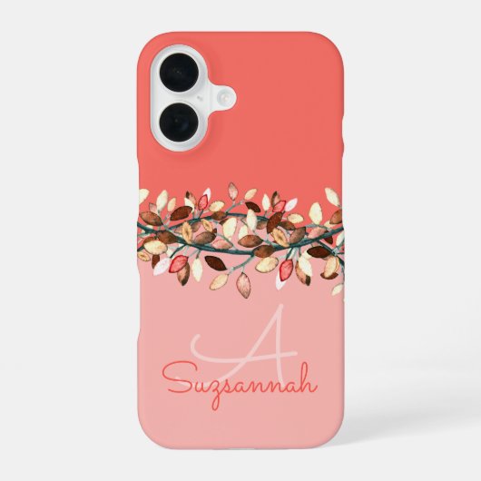 シックコーラルグラデーションカスタムモノグラムリービーブランチ iPhone 16ケース (裏面)