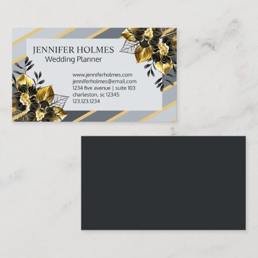 シックゴールデンブラックオーキッドフローラ金ゴールドグレイストライプズ 名刺 (正面/裏面)